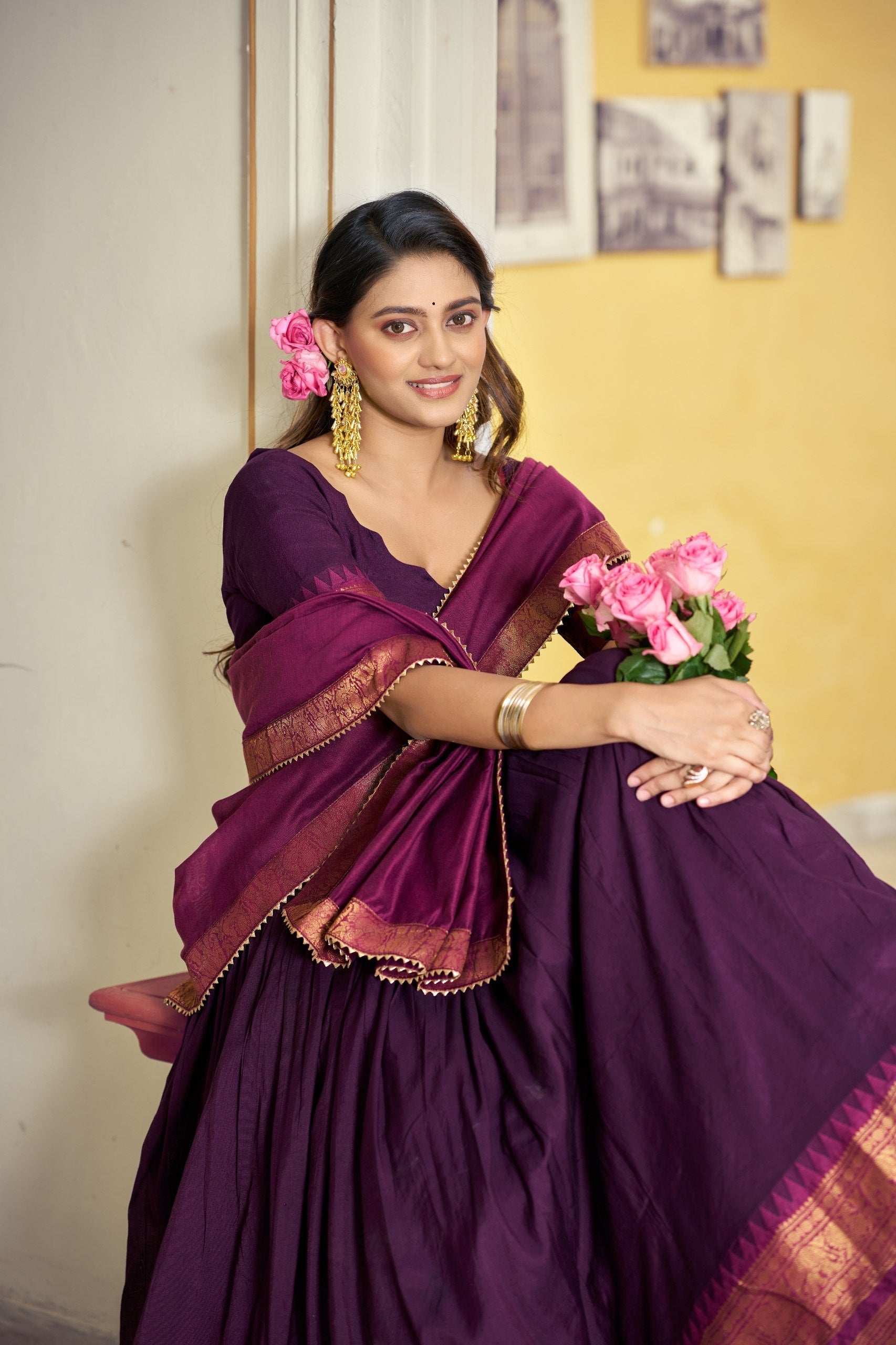 Purple Kalamkari Print Lehenga Set