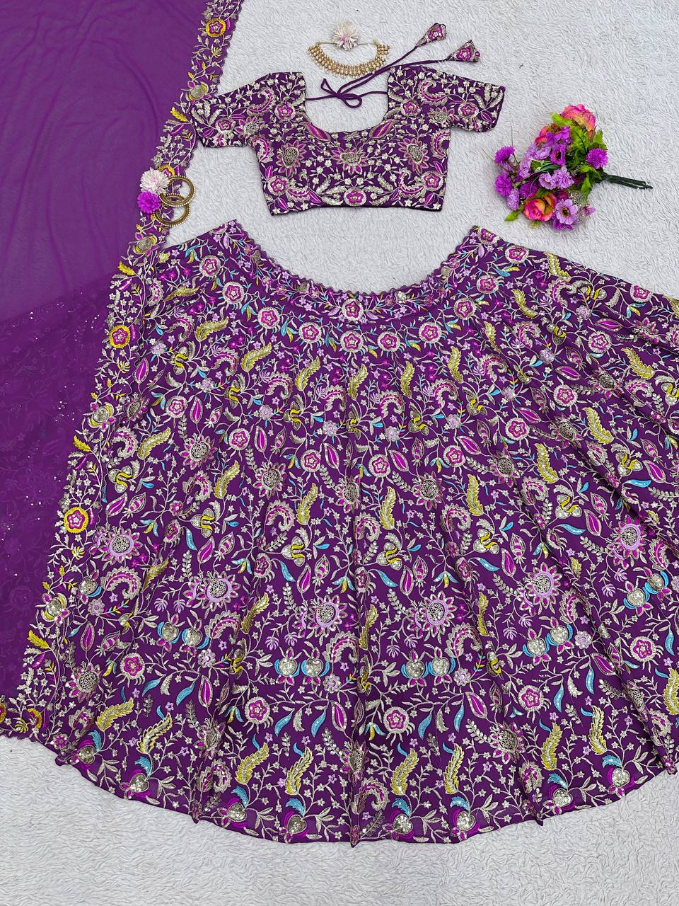 Purple Luxe Faux Georgette Semi-Stitched Lehenga Set with Thread & Sequence Work