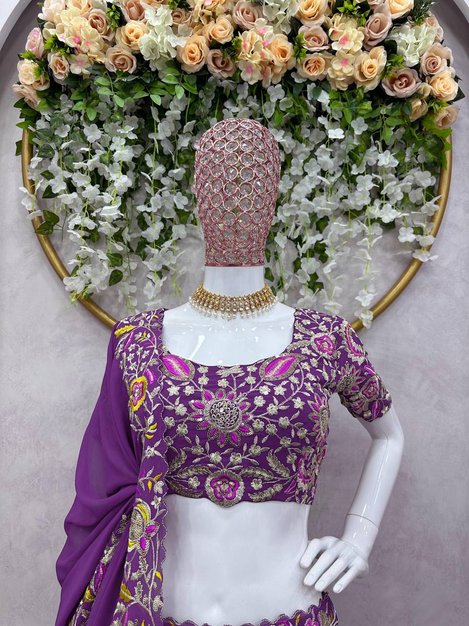 Purple Luxe Faux Georgette Semi-Stitched Lehenga Set with Thread & Sequence Work