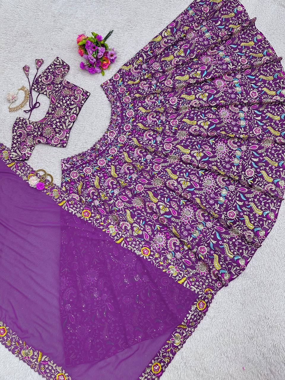 Purple Luxe Faux Georgette Semi-Stitched Lehenga Set with Thread & Sequence Work