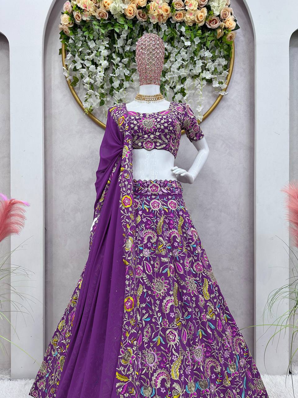 Purple Luxe Faux Georgette Semi-Stitched Lehenga Set with Thread & Sequence Work