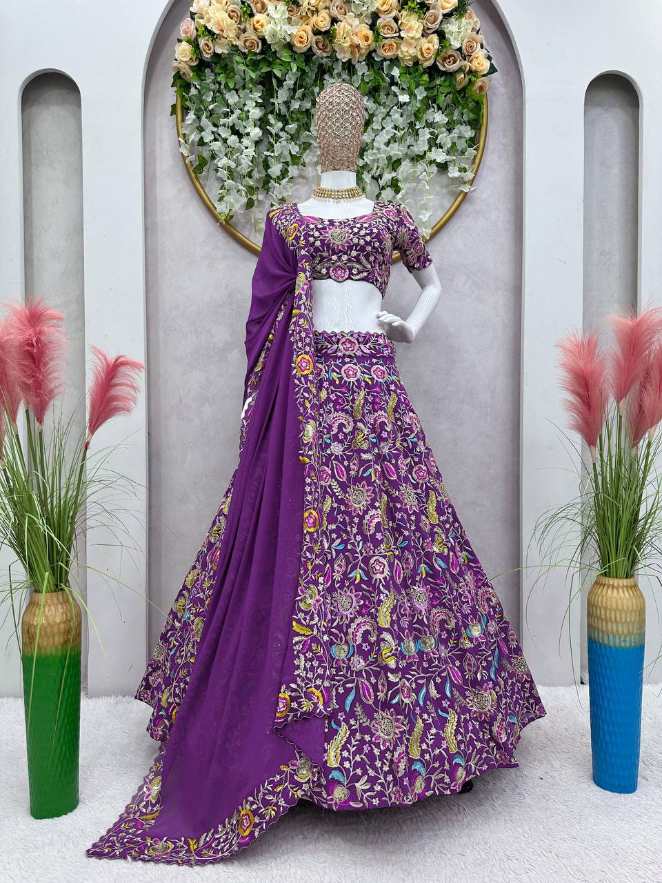 Purple Luxe Faux Georgette Semi-Stitched Lehenga Set with Thread & Sequence Work