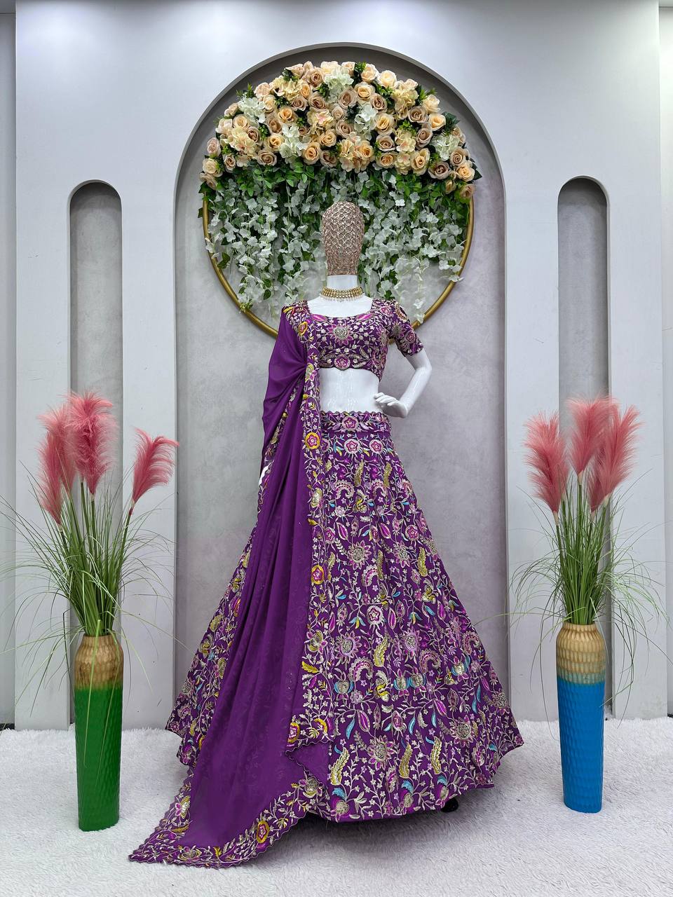 Purple Luxe Faux Georgette Semi-Stitched Lehenga Set with Thread & Sequence Work