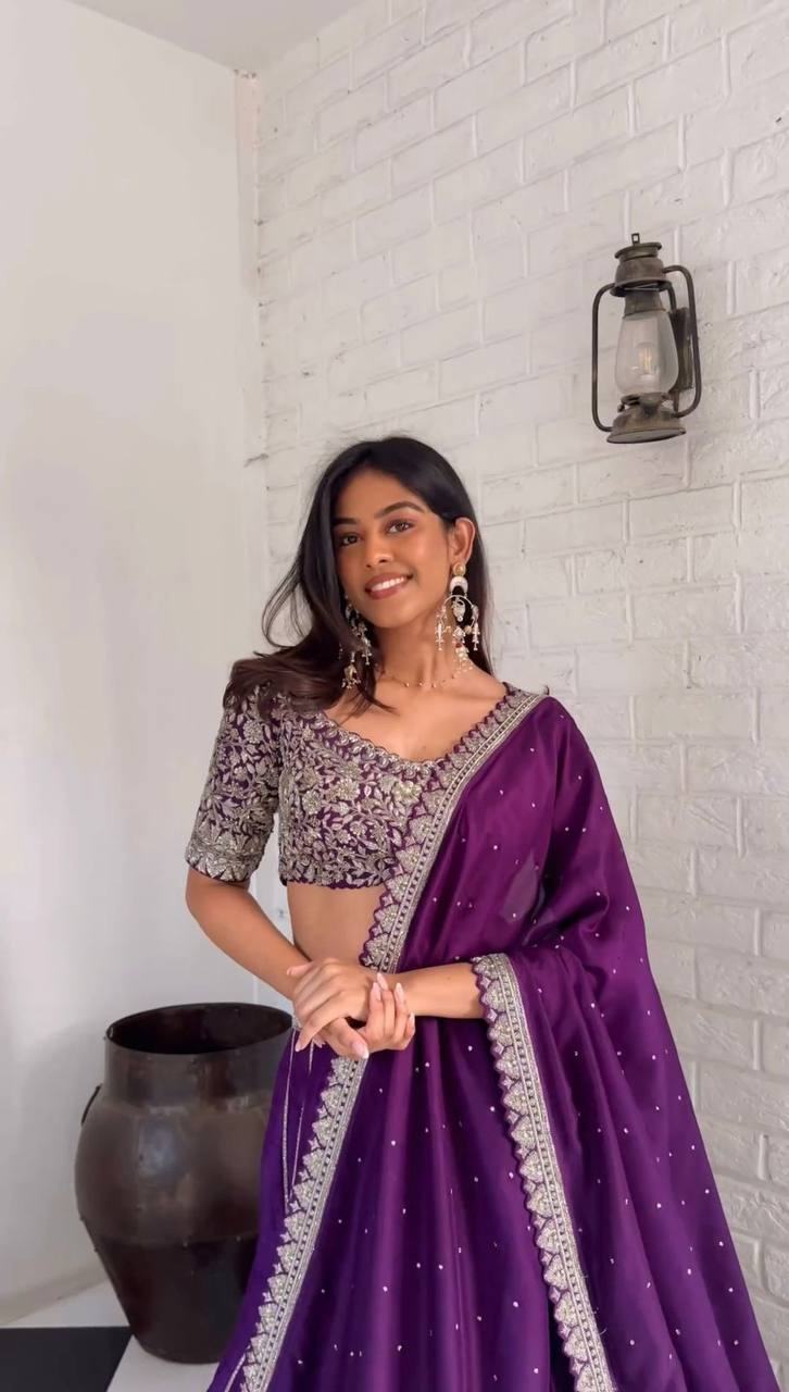 Purple Luxe Faux Georgette Semi-Stitched Lehenga Set with Thread & Sequence Work
