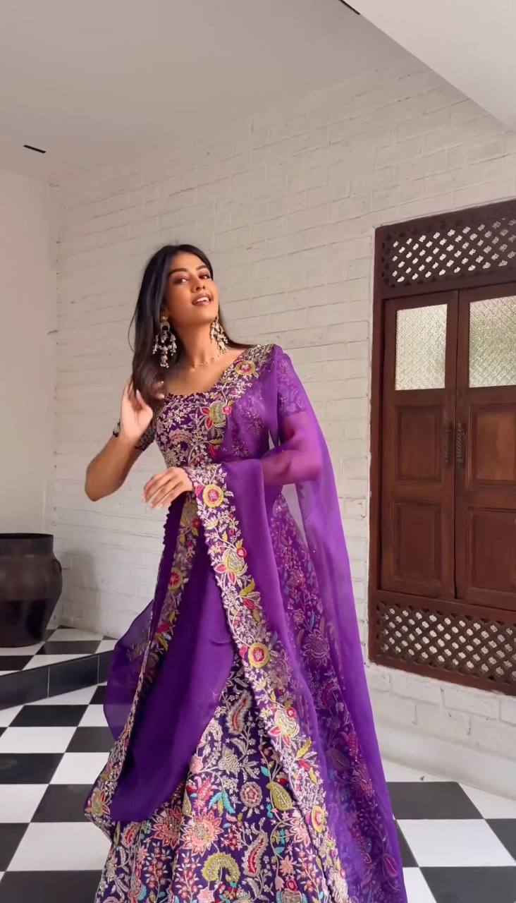 Purple Luxe Faux Georgette Semi-Stitched Lehenga Set with Thread & Sequence Work