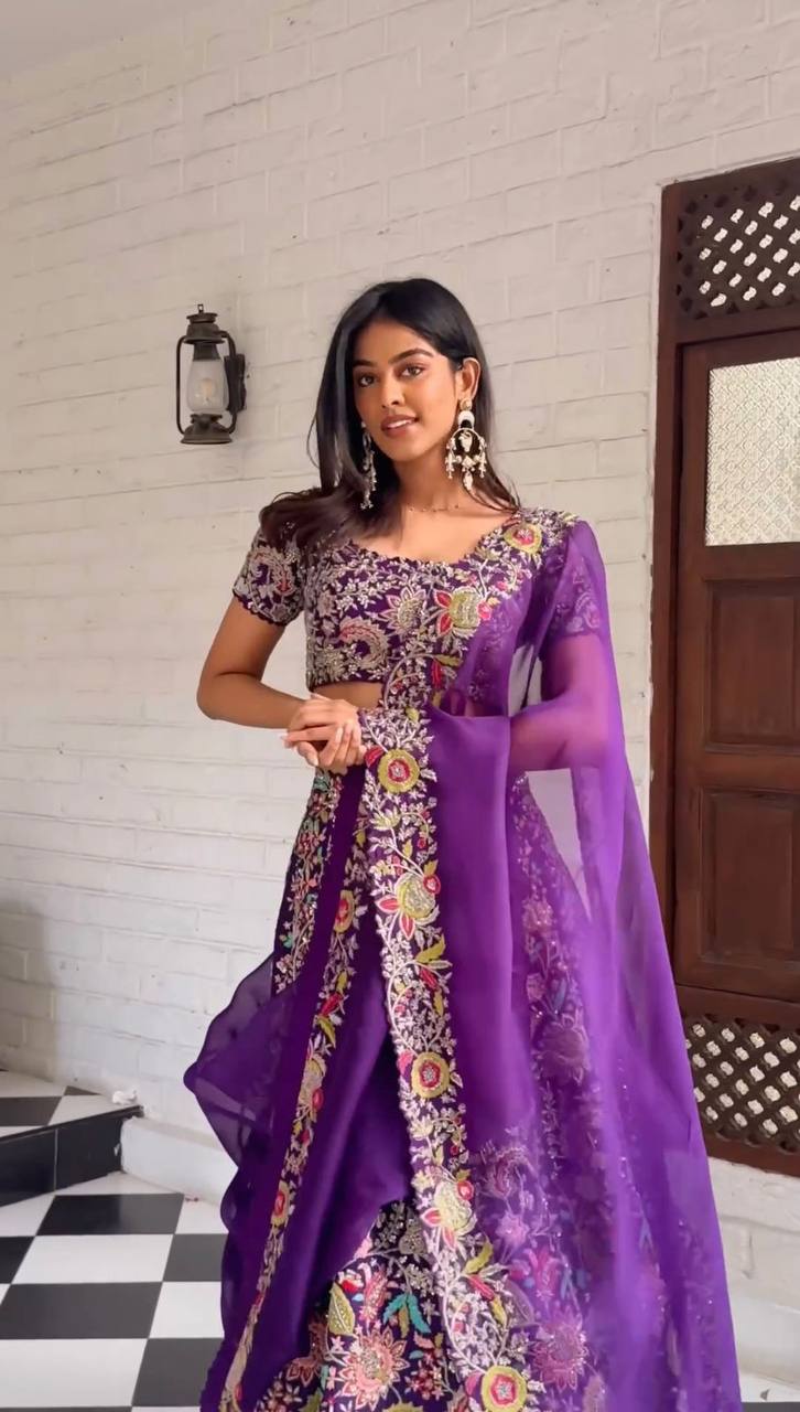 Purple Luxe Faux Georgette Semi-Stitched Lehenga Set with Thread & Sequence Work