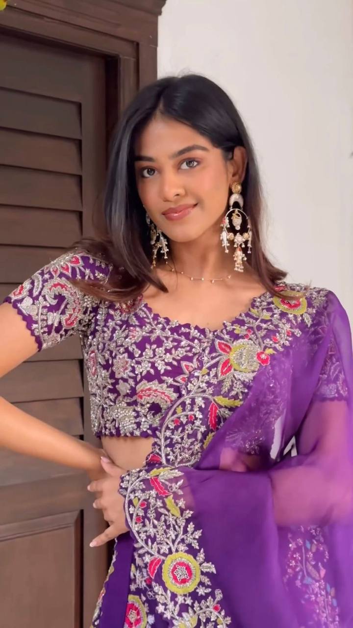 Purple Luxe Faux Georgette Semi-Stitched Lehenga Set with Thread & Sequence Work