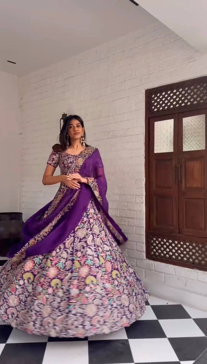 Purple Luxe Faux Georgette Semi-Stitched Lehenga Set with Thread & Sequence Work