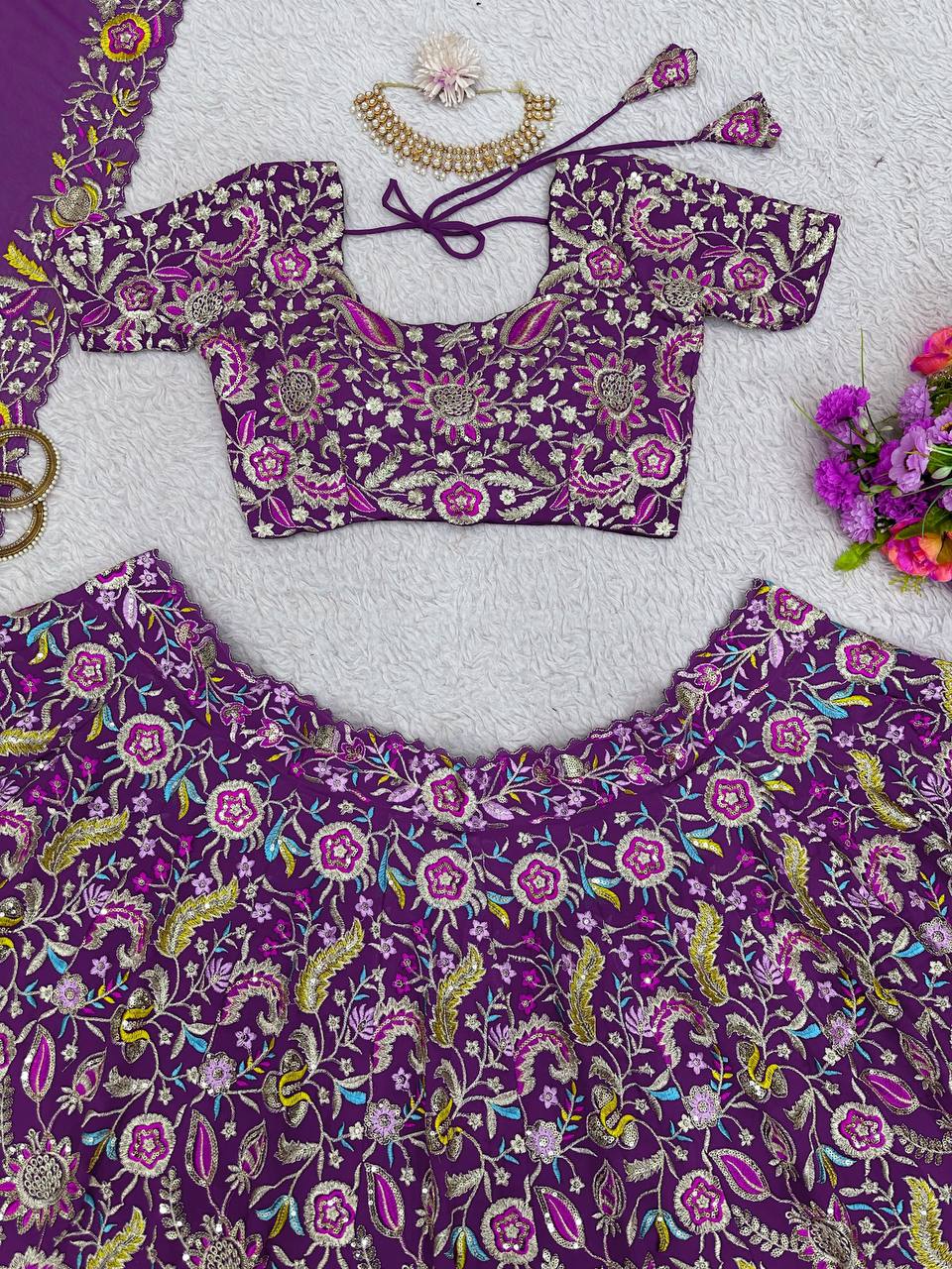 Purple Luxe Faux Georgette Semi-Stitched Lehenga Set with Thread & Sequence Work