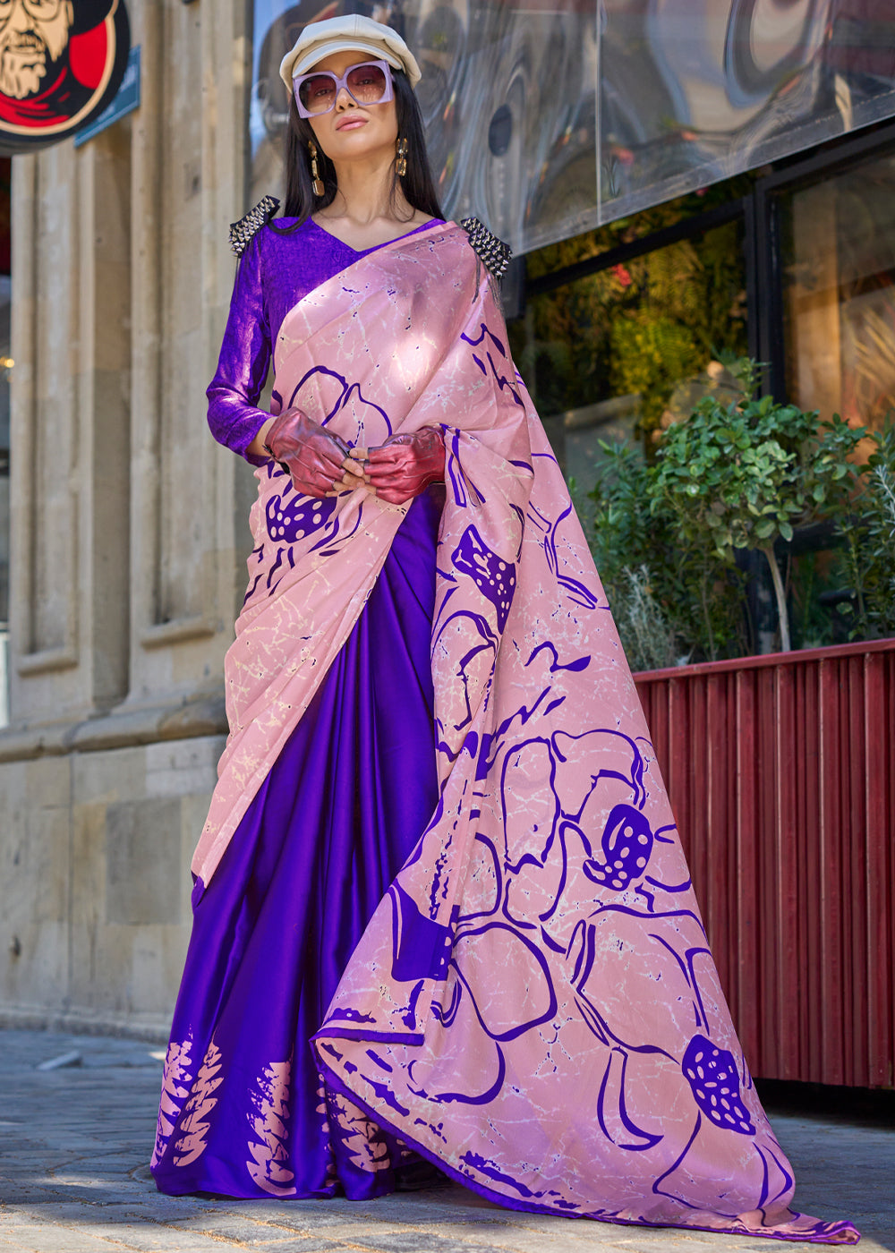 Purple Luxurious Satin Crepe Saree – Elegance with a Graceful Drape