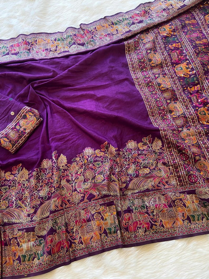 Purple Luxurious Soft Rajwadi Silk Saree with Kashmiri Thread Woven Pallu & Zari Border