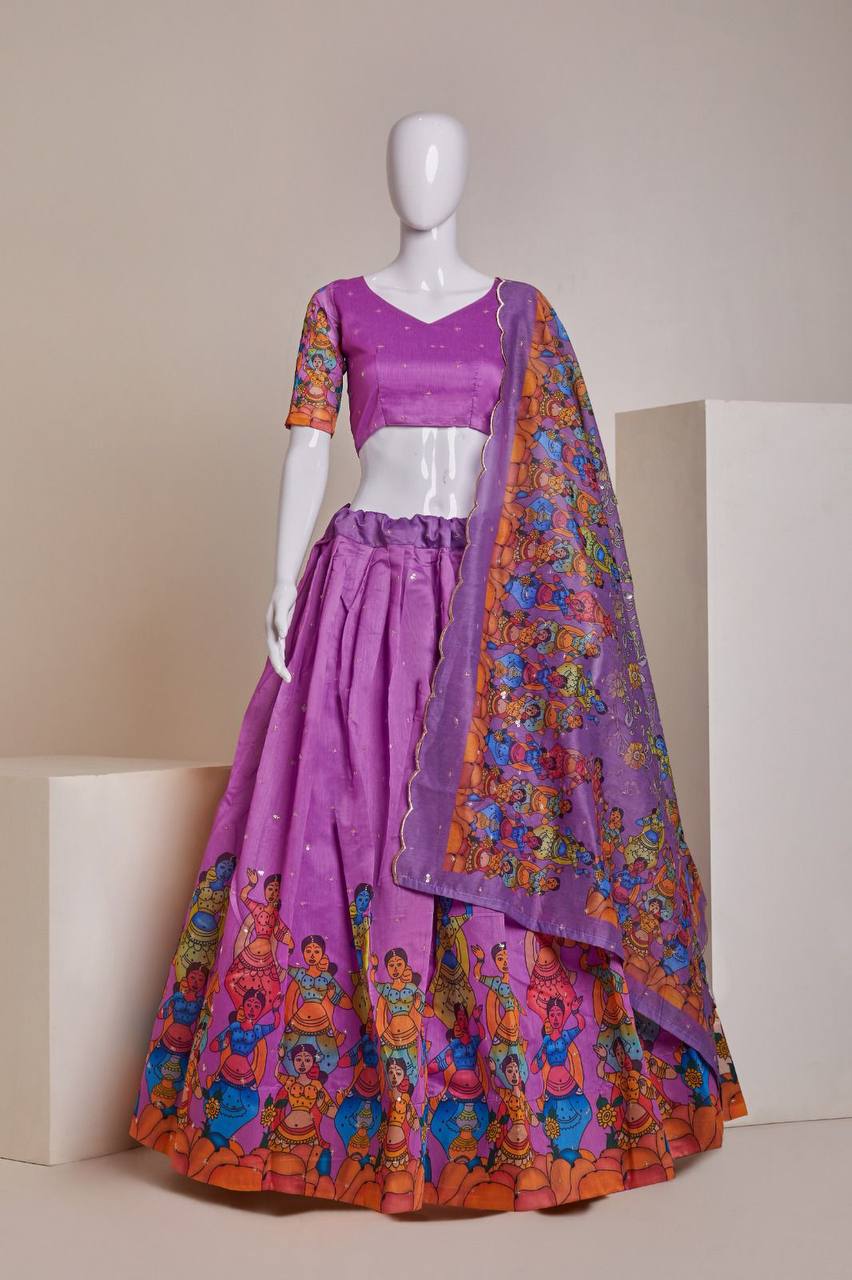 Purple Luxury Heavy Silk Lehenga Set with Embroidery, Sequins & Printed Detailing