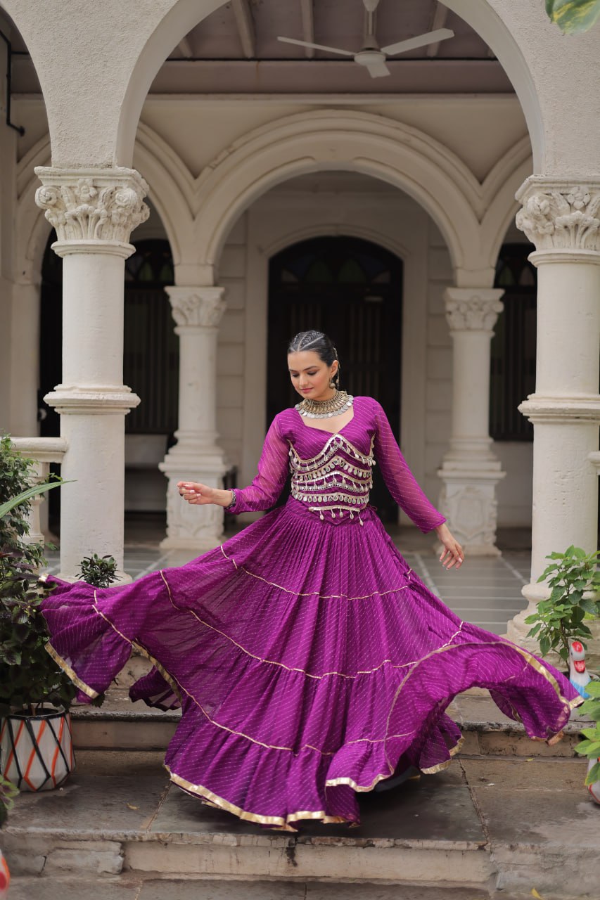 Purple Navratri Special Leheriya Print Lehenga Choli with 12 Mtr Flair & Mirror Lace Work