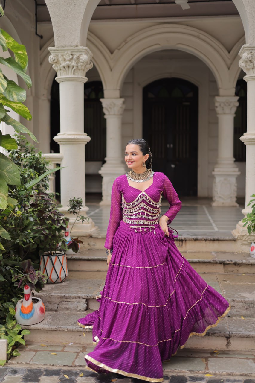 Purple Navratri Special Leheriya Print Lehenga Choli with 12 Mtr Flair & Mirror Lace Work