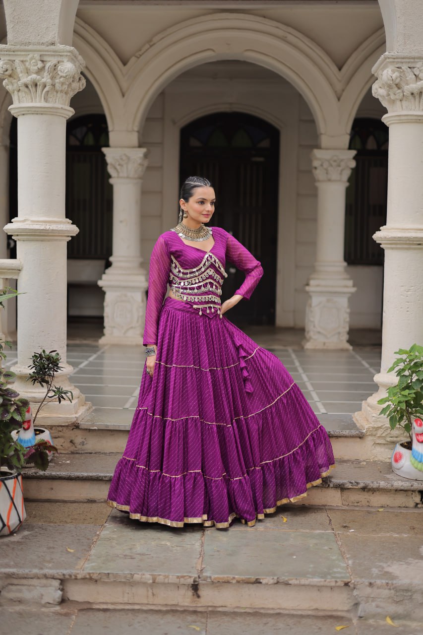 Purple Navratri Special Leheriya Print Lehenga Choli with 12 Mtr Flair & Mirror Lace Work