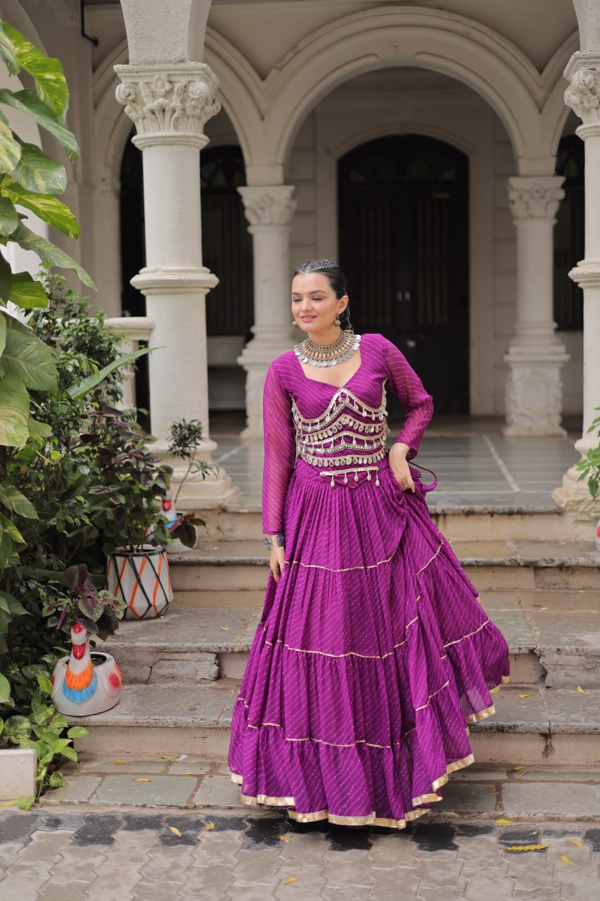 Purple Navratri Special Leheriya Print Lehenga Choli with 12 Mtr Flair & Mirror Lace Work