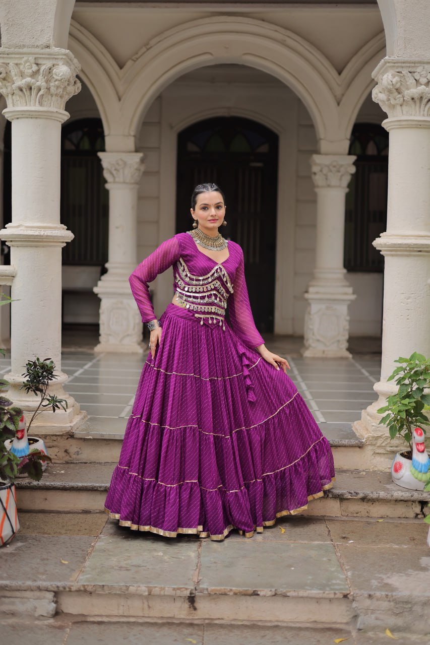 Purple Navratri Special Leheriya Print Lehenga Choli with 12 Mtr Flair & Mirror Lace Work