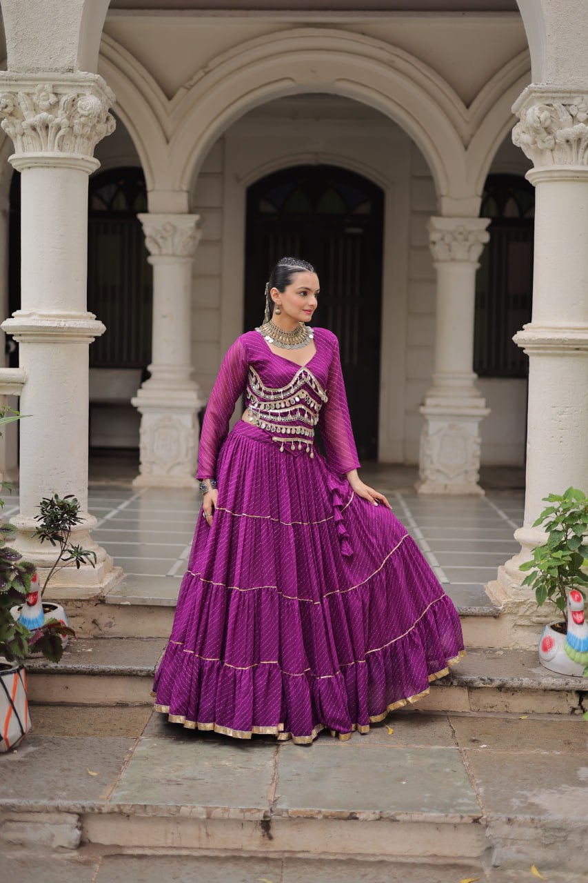 Purple Navratri Special Leheriya Print Lehenga Choli with 12 Mtr Flair & Mirror Lace Work
