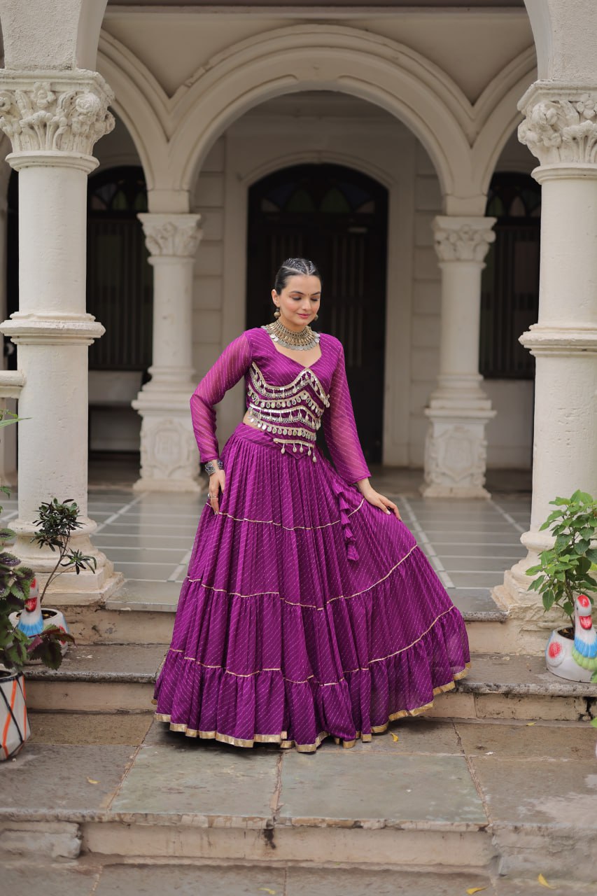 Purple Navratri Special Leheriya Print Lehenga Choli with 12 Mtr Flair & Mirror Lace Work