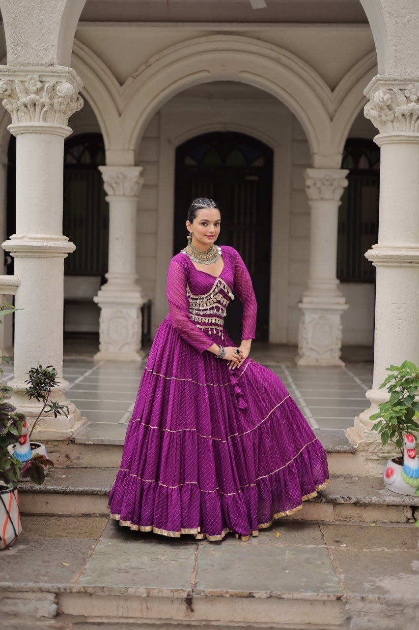 Purple Navratri Special Leheriya Print Lehenga Choli with 12 Mtr Flair & Mirror Lace Work