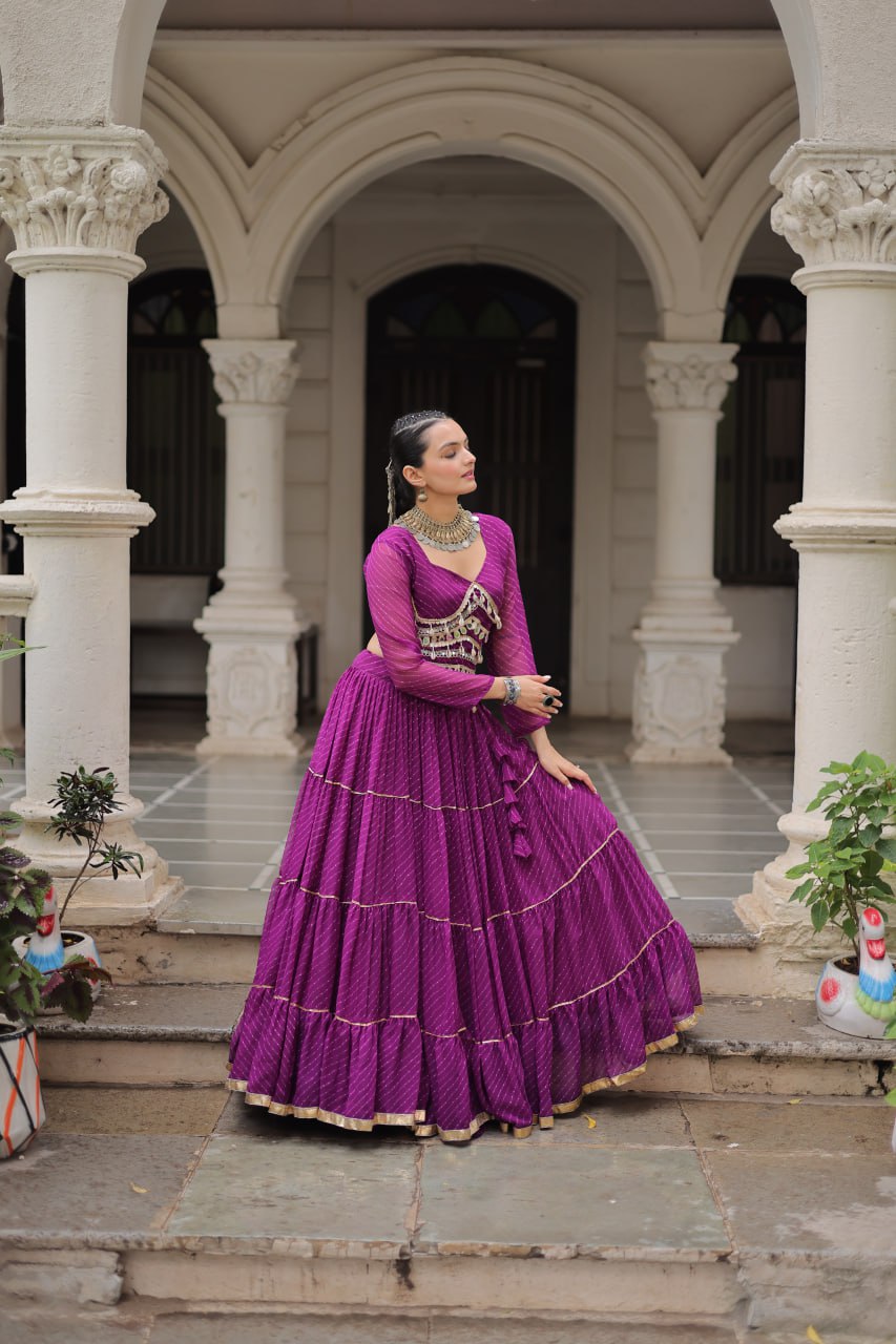 Purple Navratri Special Leheriya Print Lehenga Choli with 12 Mtr Flair & Mirror Lace Work