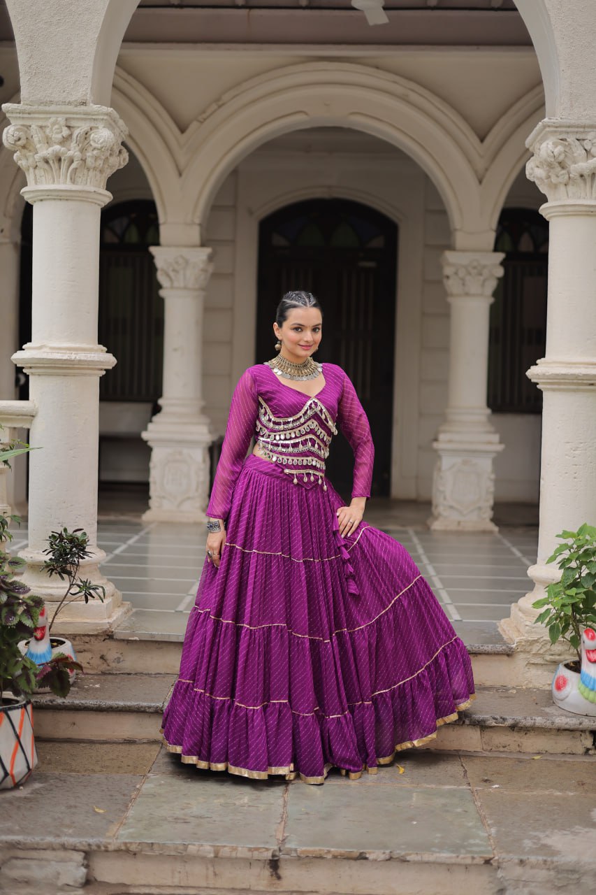 Purple Navratri Special Leheriya Print Lehenga Choli with 12 Mtr Flair & Mirror Lace Work