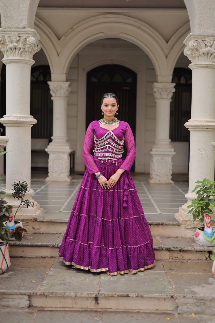 Purple Navratri Special Leheriya Print Lehenga Choli with 12 Mtr Flair & Mirror Lace Work