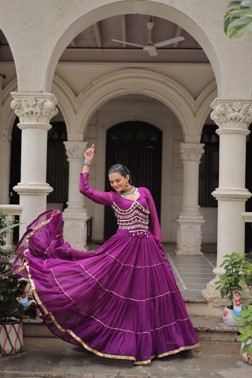 Purple Navratri Special Leheriya Print Lehenga Choli with 12 Mtr Flair & Mirror Lace Work