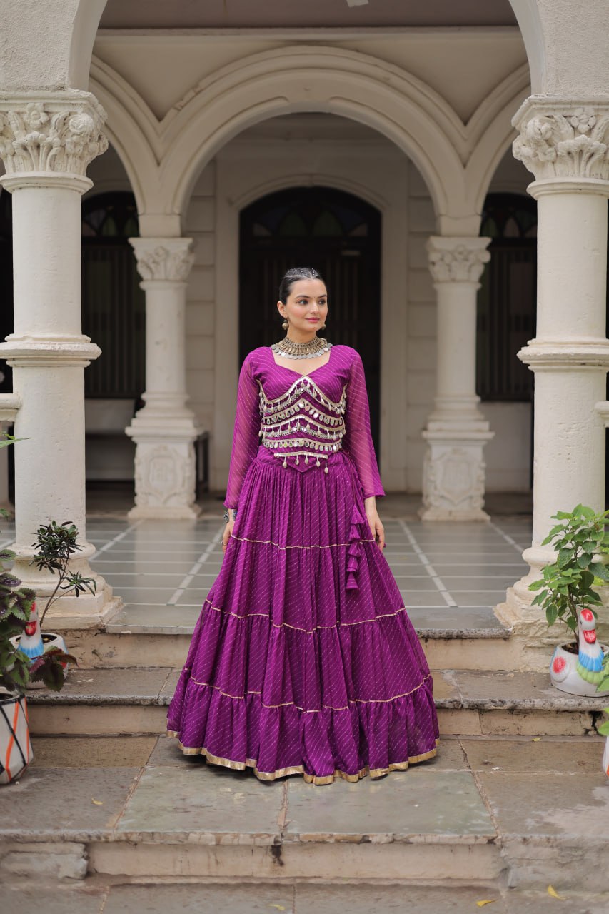 Purple Navratri Special Leheriya Print Lehenga Choli with 12 Mtr Flair & Mirror Lace Work