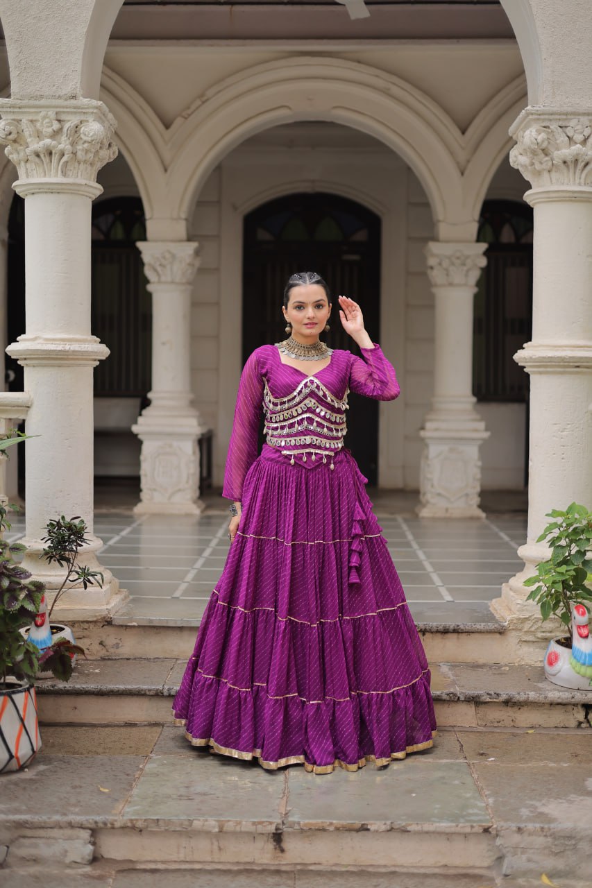 Purple Navratri Special Leheriya Print Lehenga Choli with 12 Mtr Flair & Mirror Lace Work