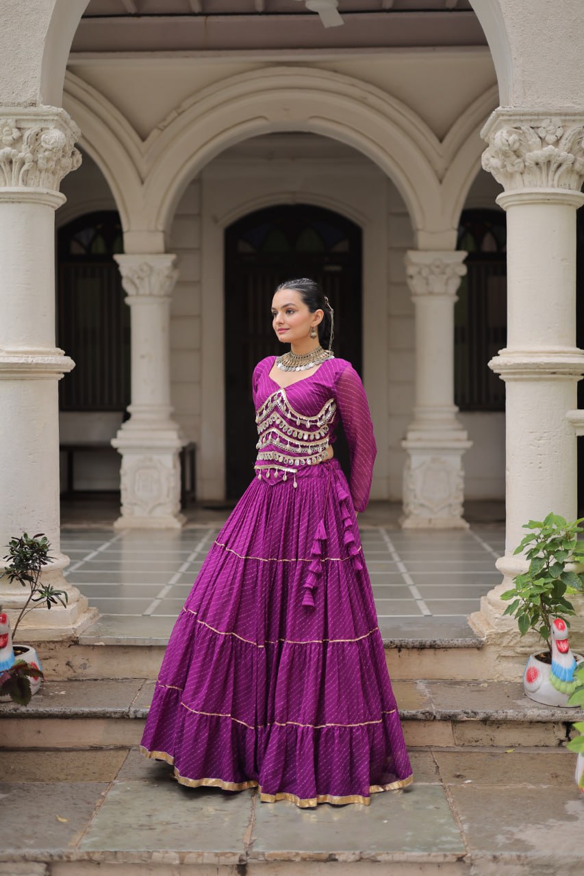Purple Navratri Special Leheriya Print Lehenga Choli with 12 Mtr Flair & Mirror Lace Work