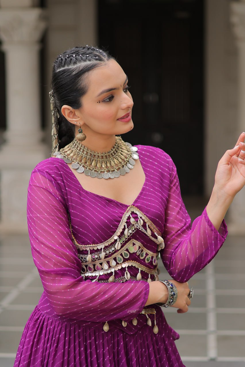 Purple Navratri Special Leheriya Print Lehenga Choli with 12 Mtr Flair & Mirror Lace Work