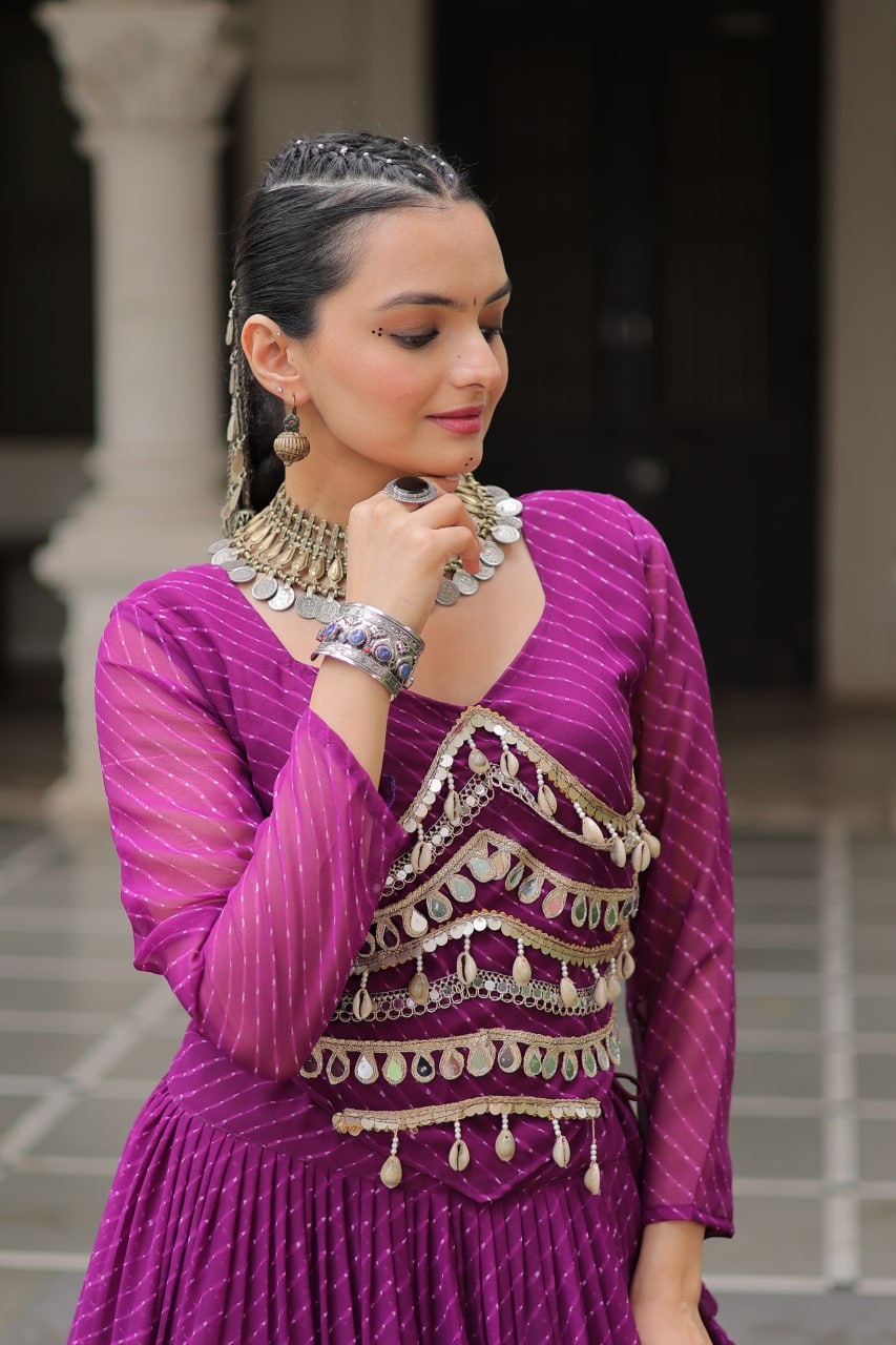 Purple Navratri Special Leheriya Print Lehenga Choli with 12 Mtr Flair & Mirror Lace Work