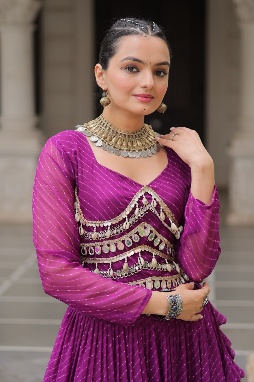 Purple Navratri Special Leheriya Print Lehenga Choli with 12 Mtr Flair & Mirror Lace Work