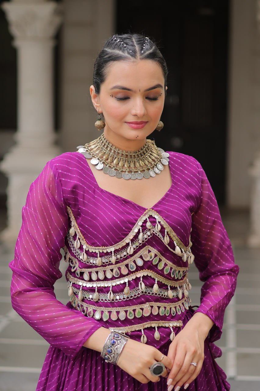 Purple Navratri Special Leheriya Print Lehenga Choli with 12 Mtr Flair & Mirror Lace Work
