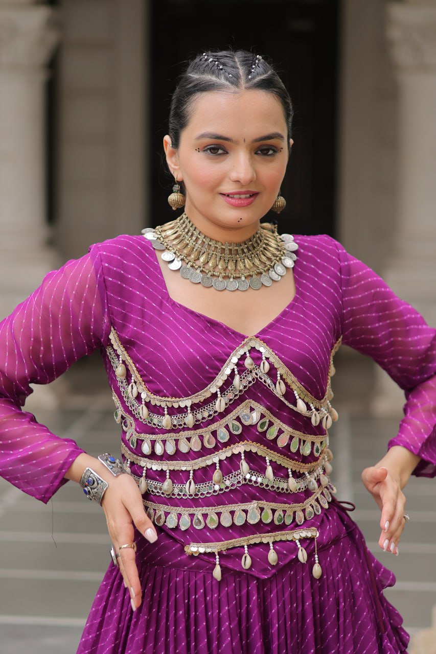 Purple Navratri Special Leheriya Print Lehenga Choli with 12 Mtr Flair & Mirror Lace Work