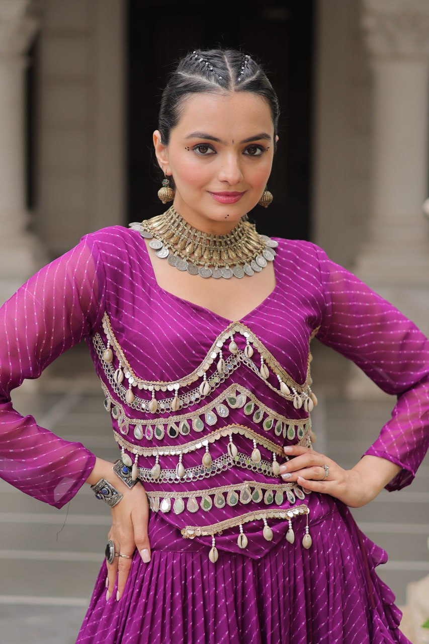 Purple Navratri Special Leheriya Print Lehenga Choli with 12 Mtr Flair & Mirror Lace Work