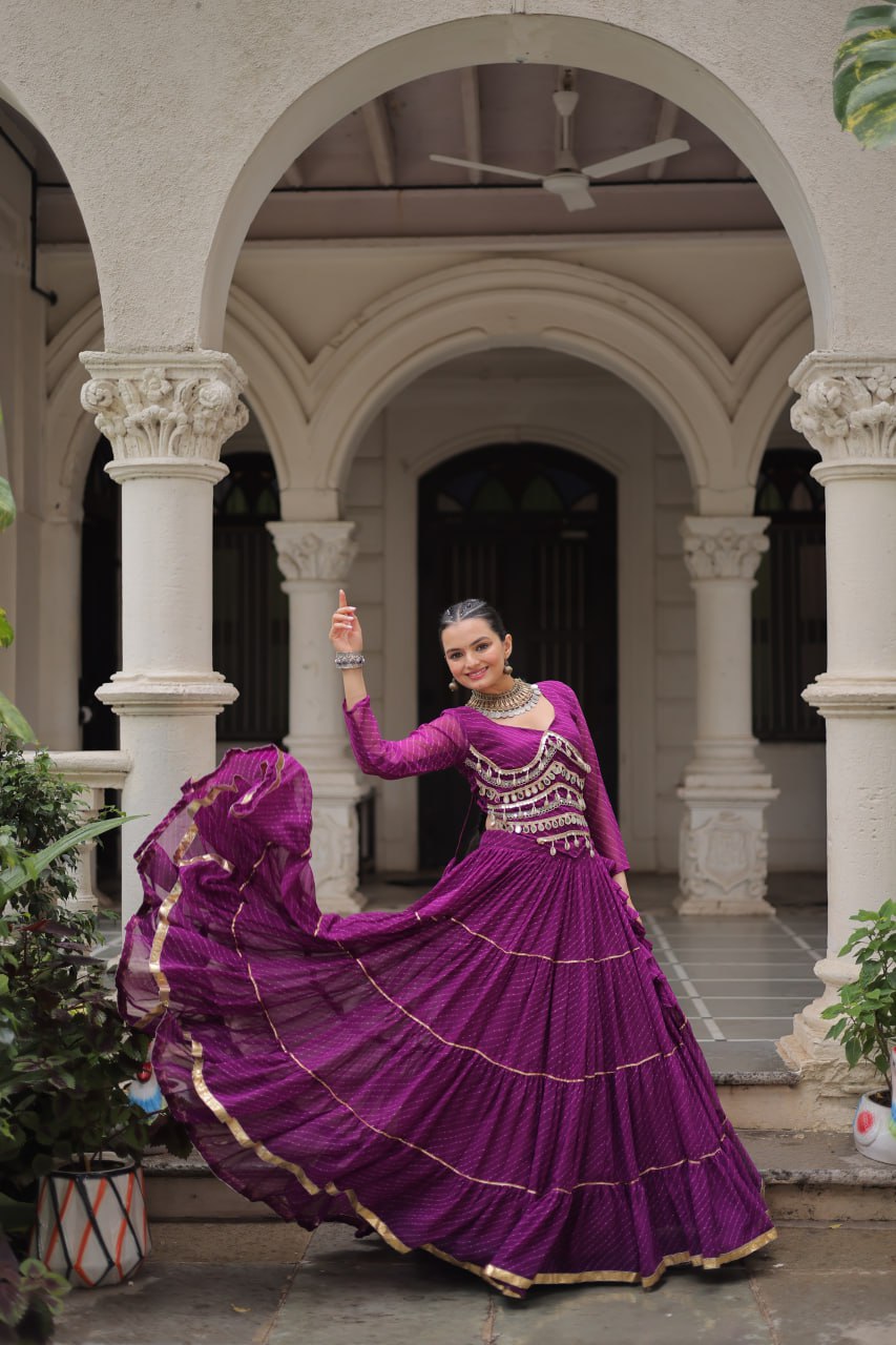 Purple Navratri Special Leheriya Print Lehenga Choli with 12 Mtr Flair & Mirror Lace Work