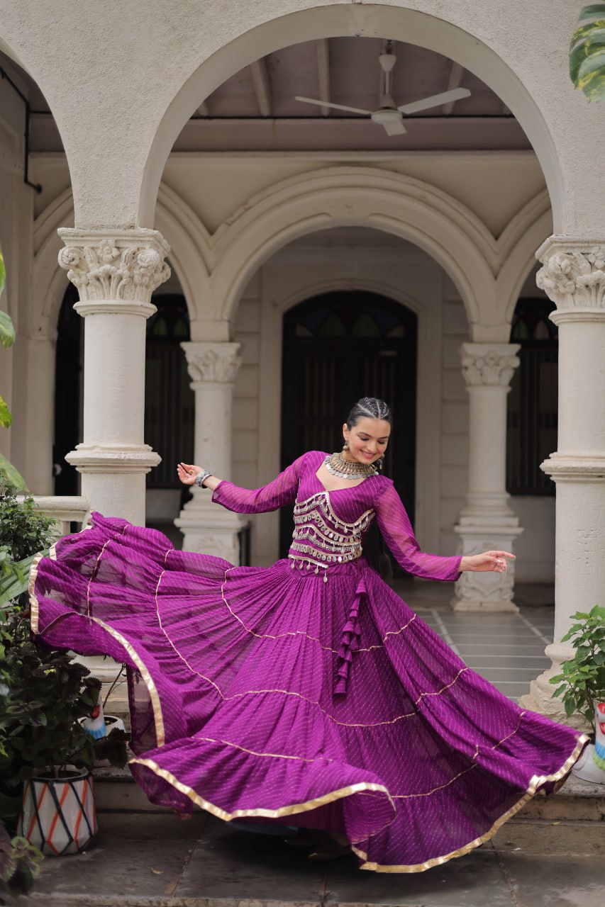 Purple Navratri Special Leheriya Print Lehenga Choli with 12 Mtr Flair & Mirror Lace Work