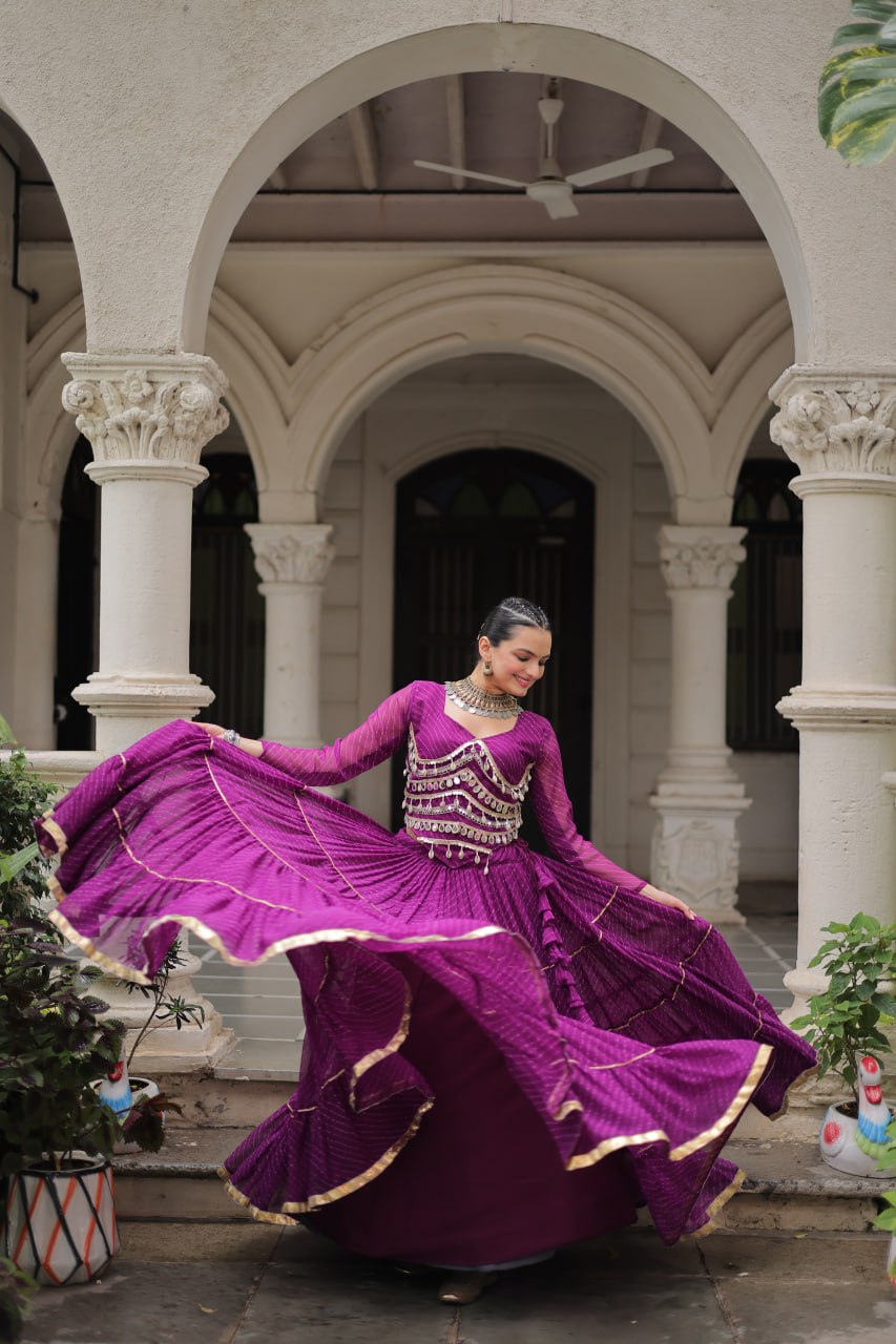 Purple Navratri Special Leheriya Print Lehenga Choli with 12 Mtr Flair & Mirror Lace Work