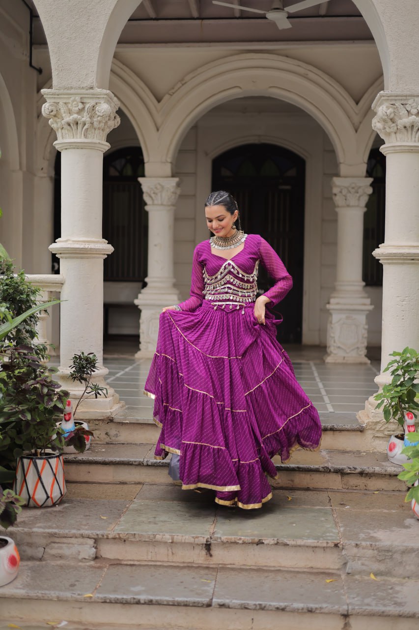 Purple Navratri Special Leheriya Print Lehenga Choli with 12 Mtr Flair & Mirror Lace Work