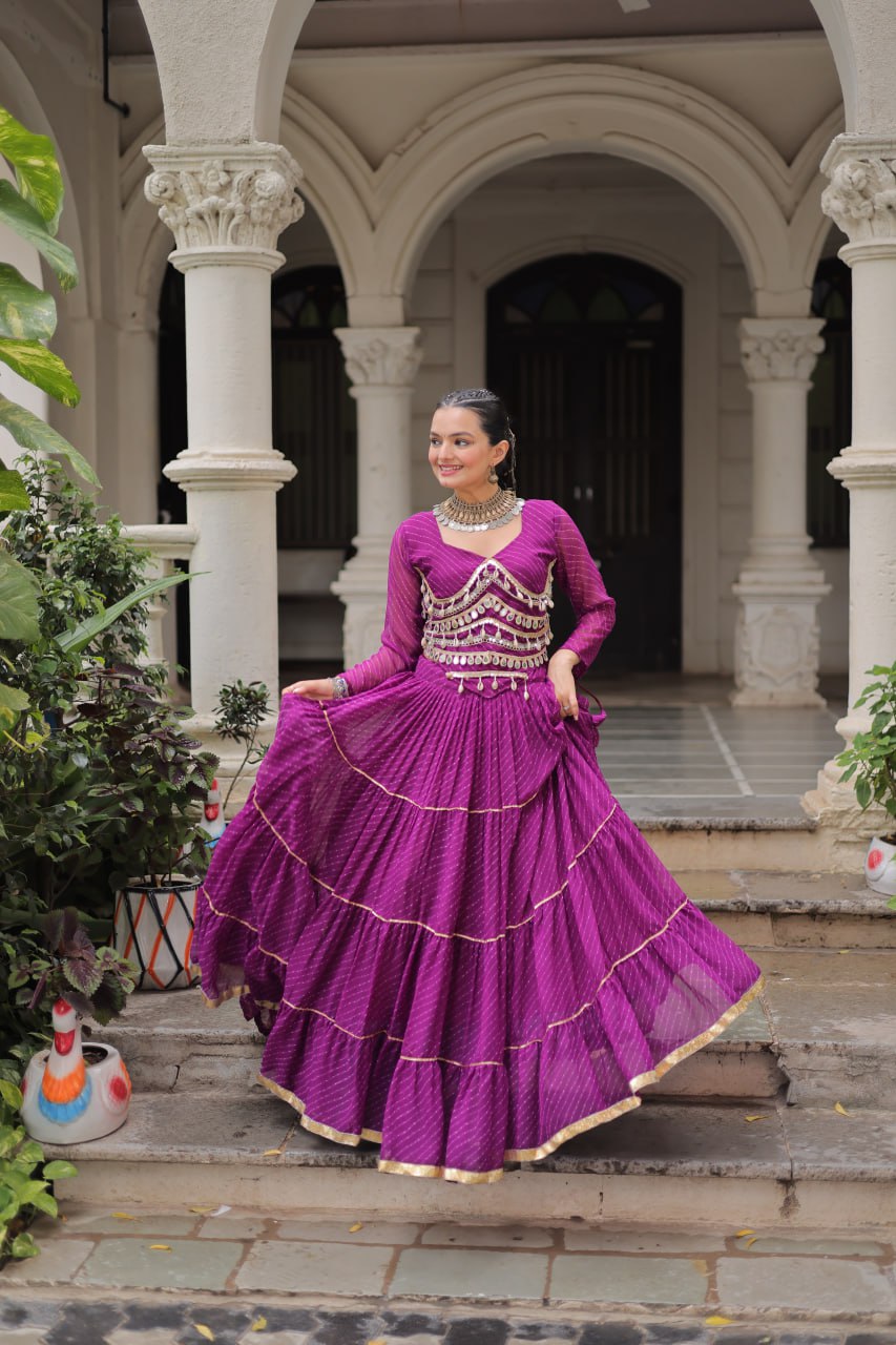 Purple Navratri Special Leheriya Print Lehenga Choli with 12 Mtr Flair & Mirror Lace Work