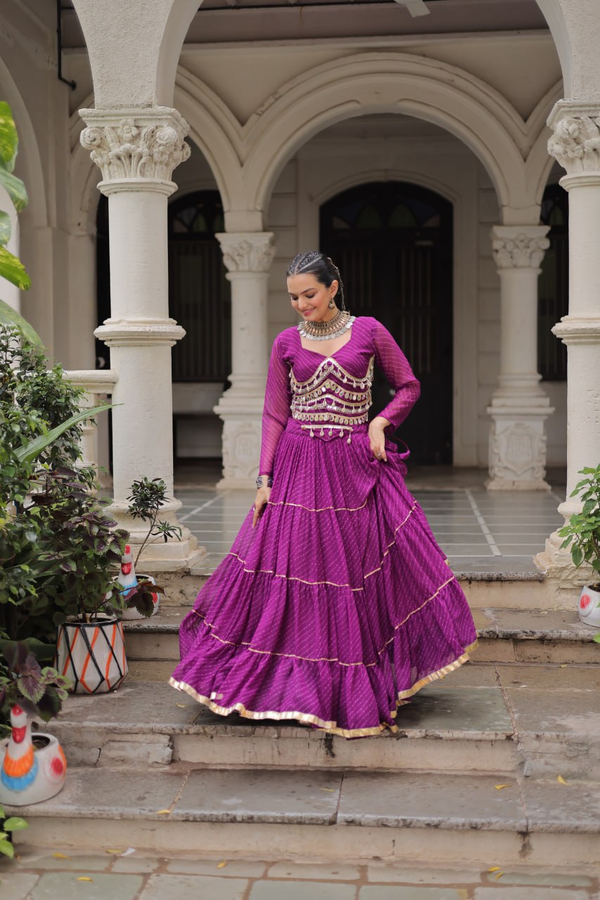 Purple Navratri Special Leheriya Print Lehenga Choli with 12 Mtr Flair & Mirror Lace Work