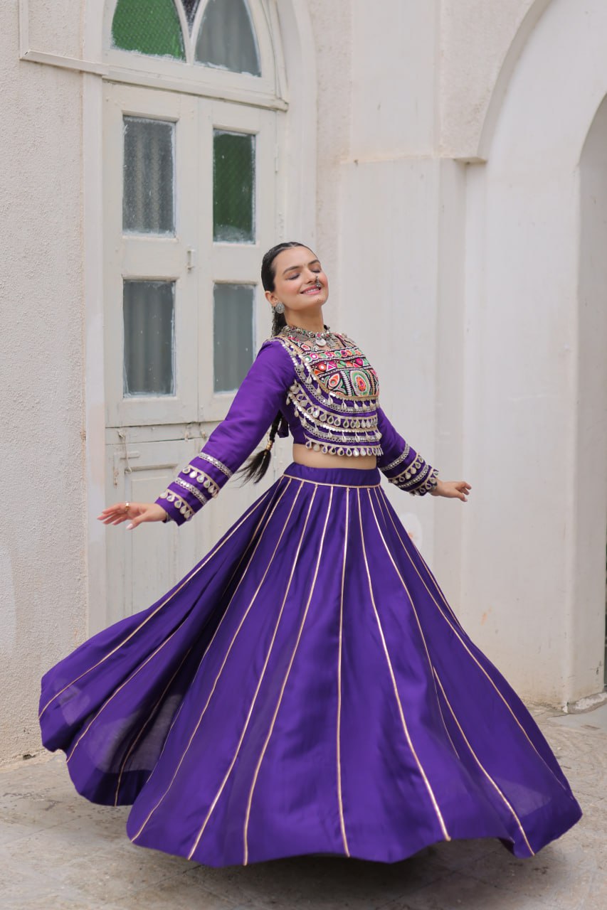 Purple Navratri Special Roman Fabric Lehenga Choli with Kutchi Gamthi & Mirror Work