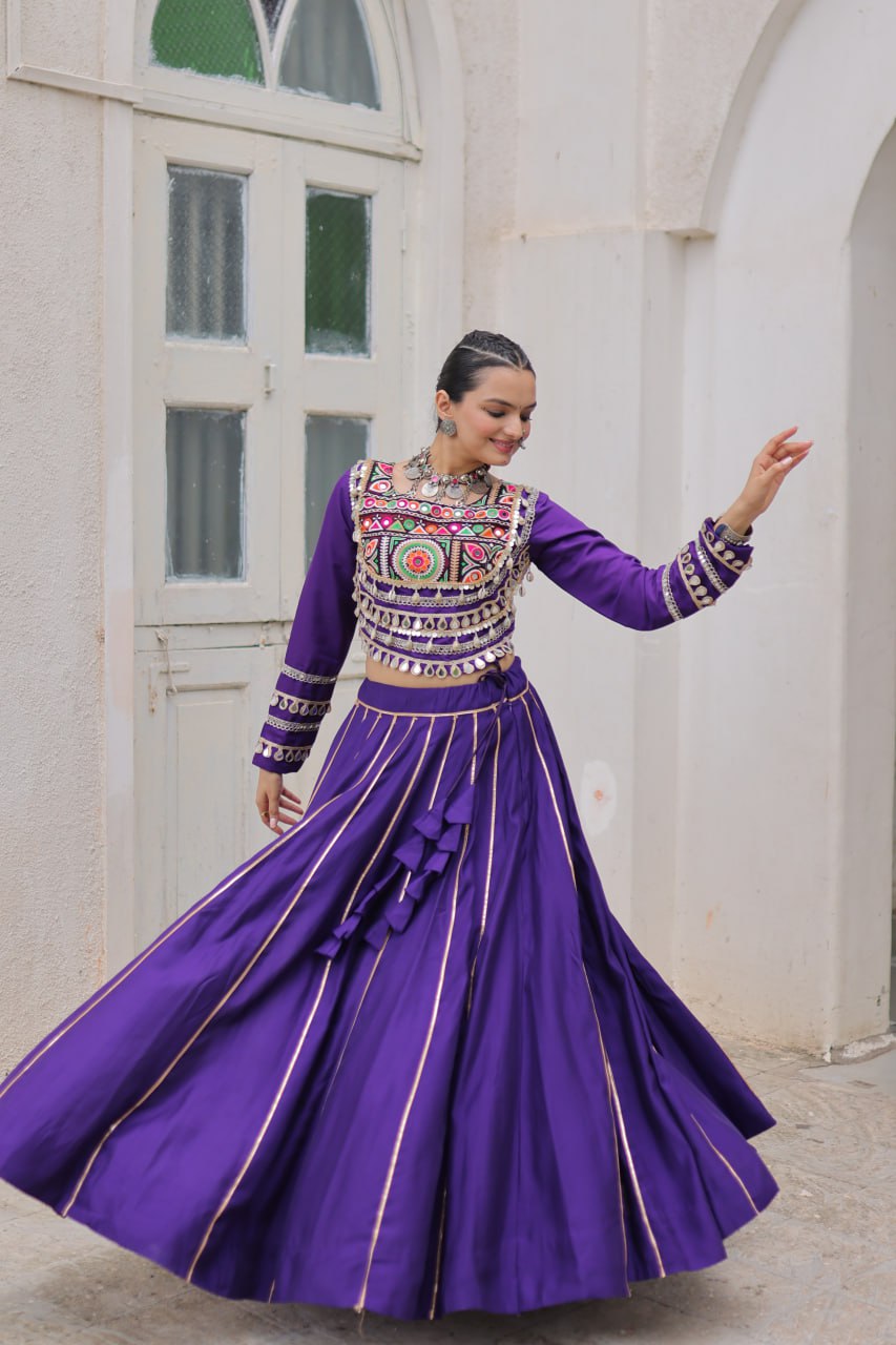 Purple Navratri Special Roman Fabric Lehenga Choli with Kutchi Gamthi & Mirror Work