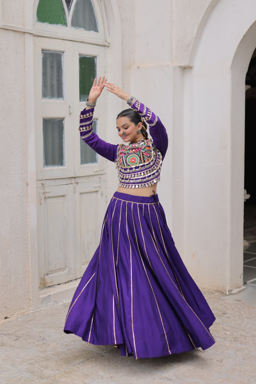 Purple Navratri Special Roman Fabric Lehenga Choli with Kutchi Gamthi & Mirror Work