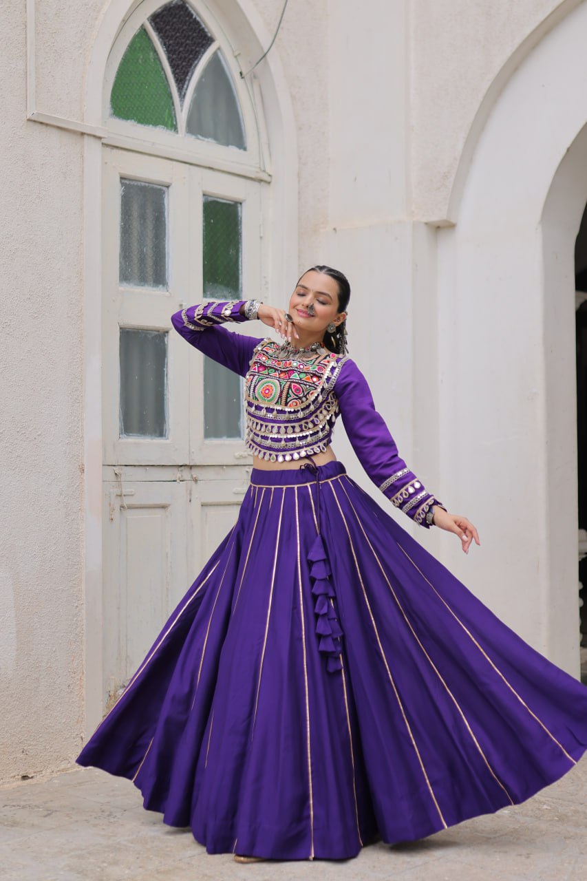 Purple Navratri Special Roman Fabric Lehenga Choli with Kutchi Gamthi & Mirror Work