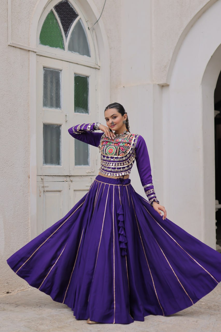 Purple Navratri Special Roman Fabric Lehenga Choli with Kutchi Gamthi & Mirror Work