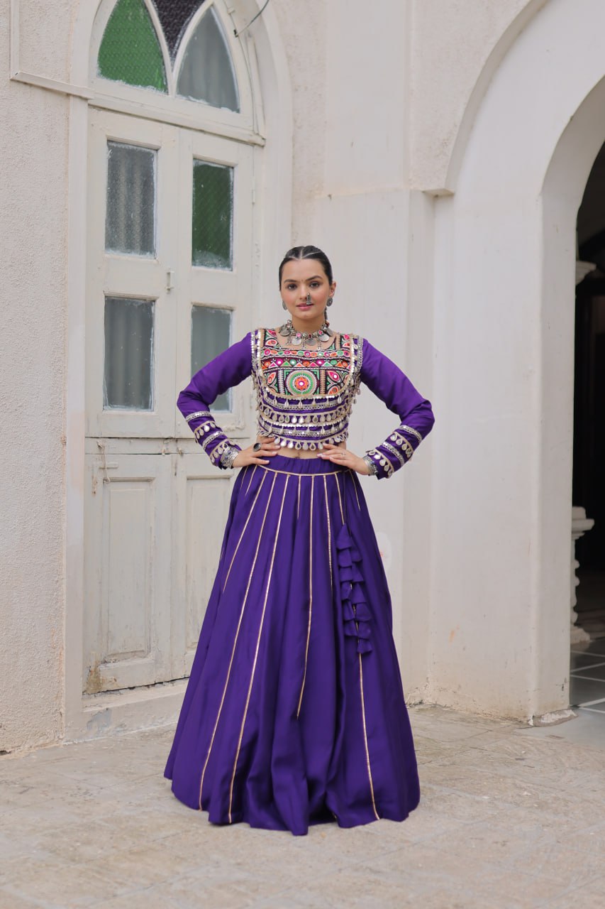Purple Navratri Special Roman Fabric Lehenga Choli with Kutchi Gamthi & Mirror Work