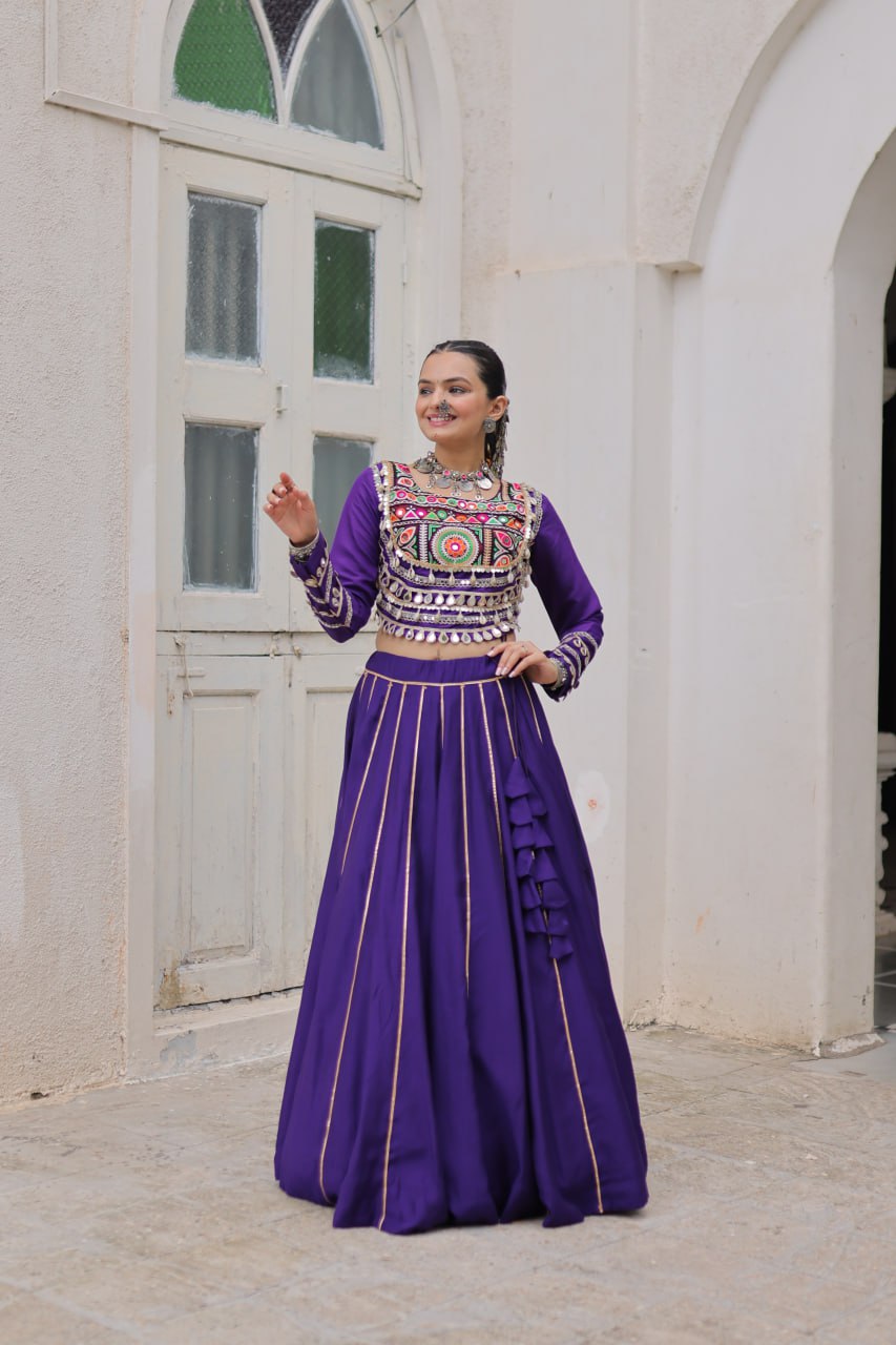 Purple Navratri Special Roman Fabric Lehenga Choli with Kutchi Gamthi & Mirror Work